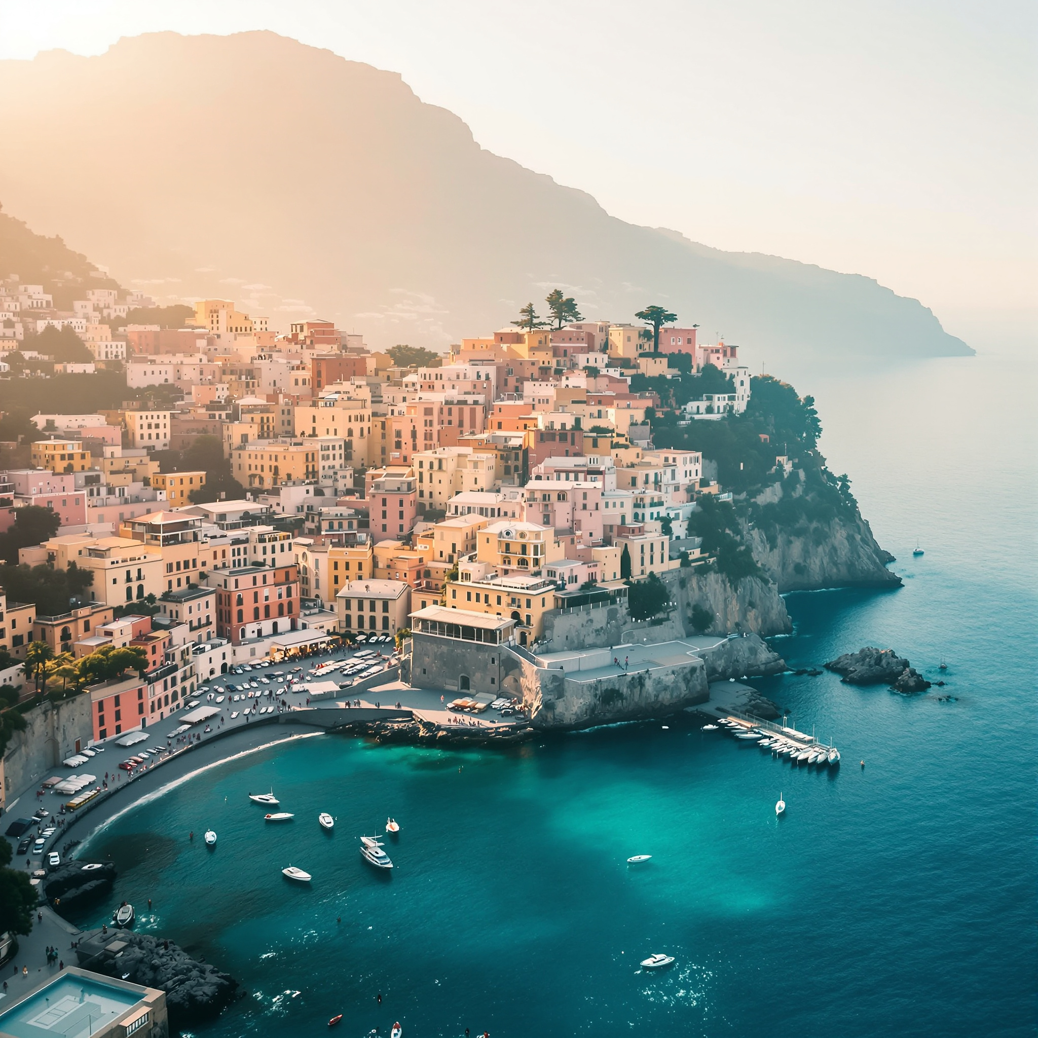 Aerial view of a Mediterranean coastal village in soft warm golden-hour light