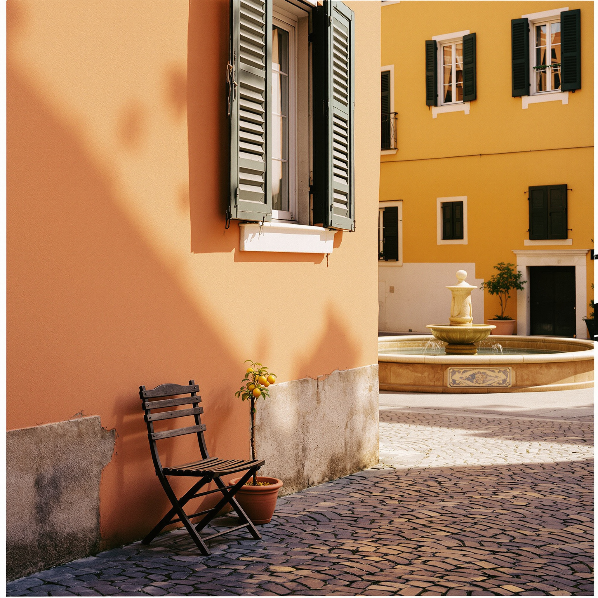 Sunlit terracotta and saffron Italian piazza with a wooden chair and a lemon tree