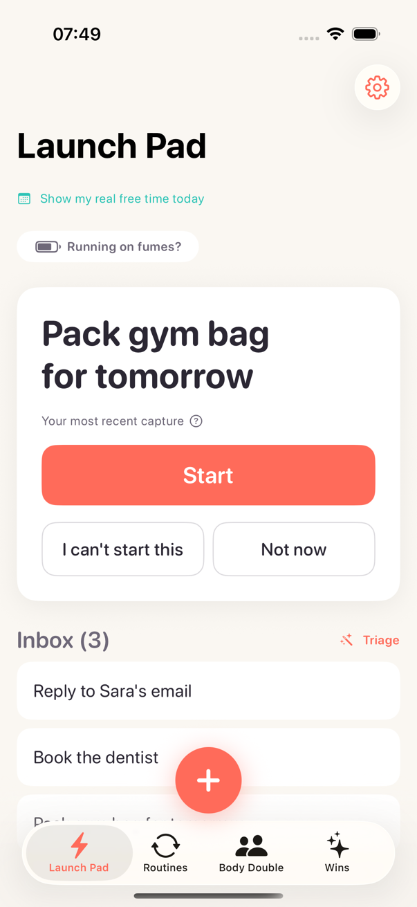 Kickstart's Launch Pad screen showing a single next task with a big Start button.