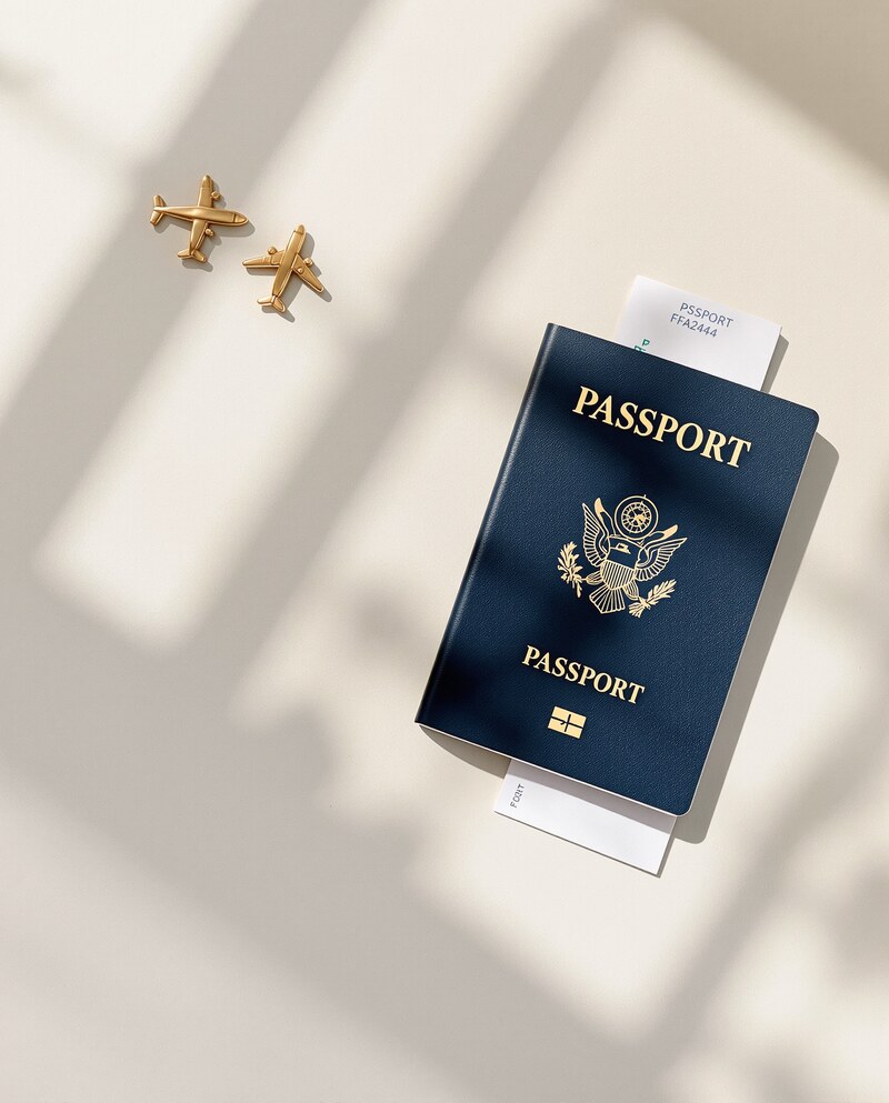 A navy passport and brass airplane charms on a warm off-white surface
